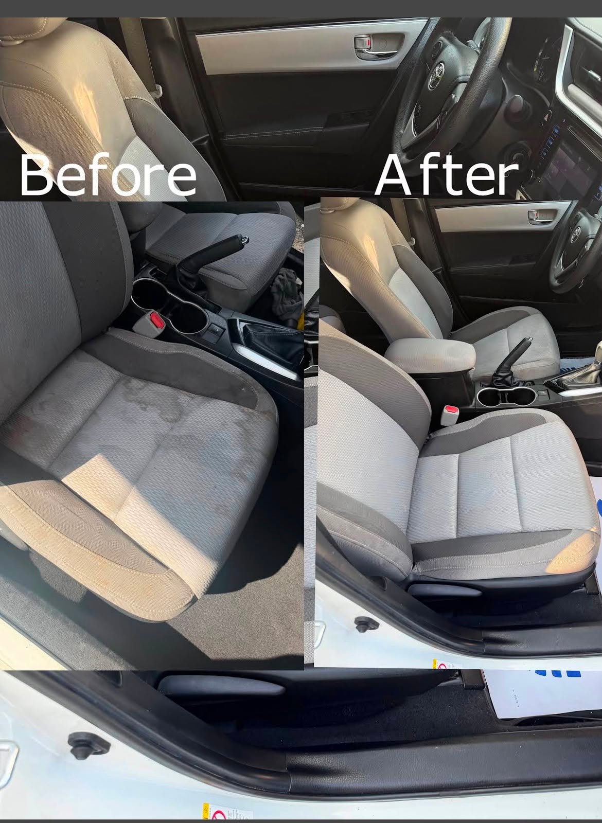 Front interior seat detail, before and after