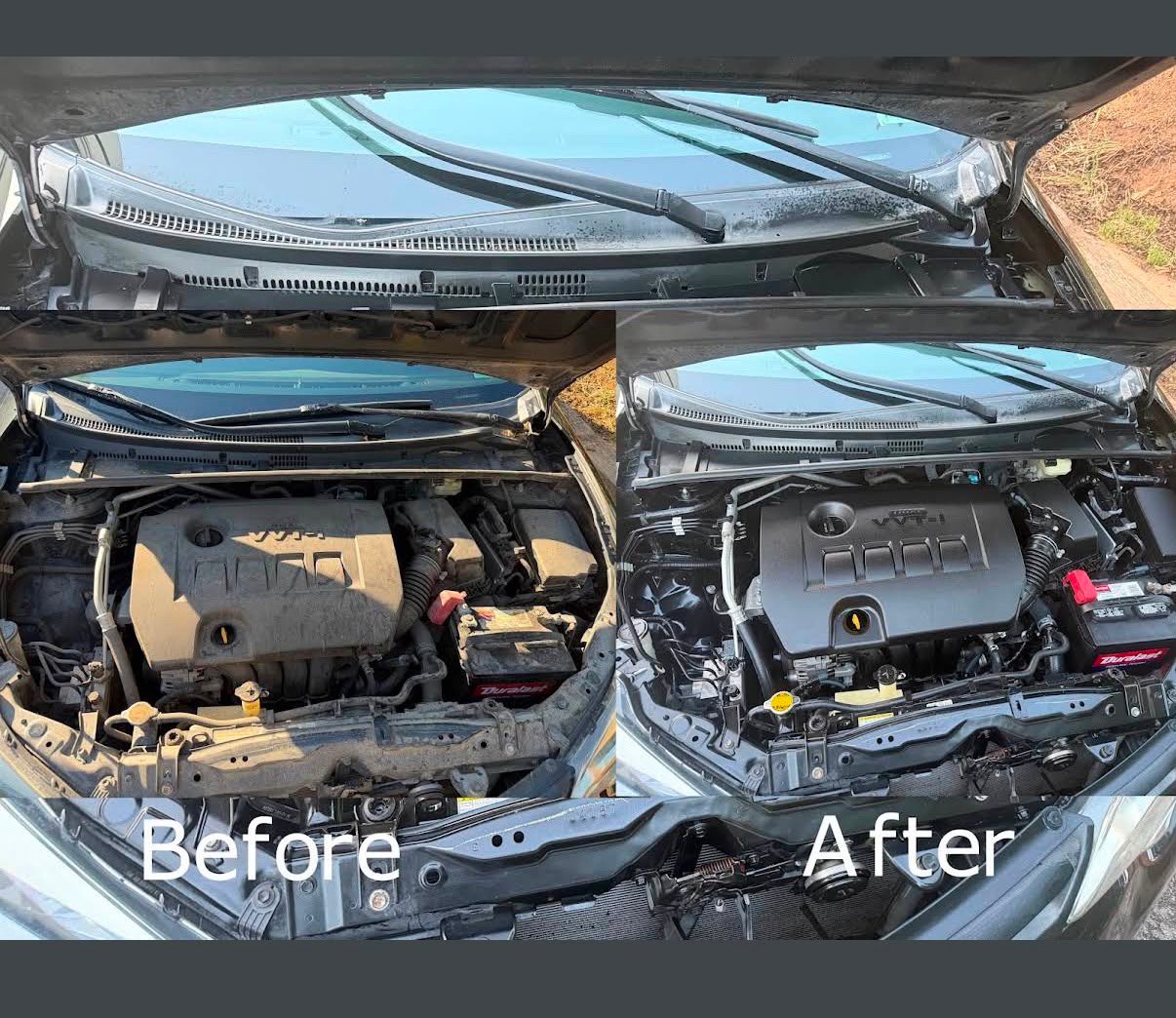 Engine bay detail, before and after
